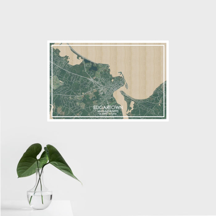 16x24 Edgartown Massachusetts Map Print Landscape Orientation in Afternoon Style With Tropical Plant Leaves in Water