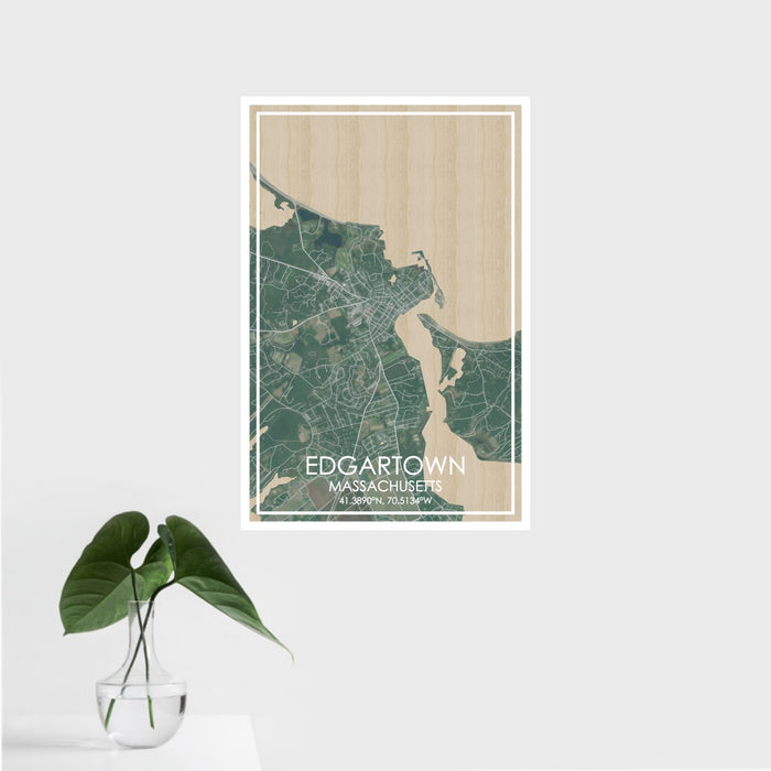 16x24 Edgartown Massachusetts Map Print Portrait Orientation in Afternoon Style With Tropical Plant Leaves in Water