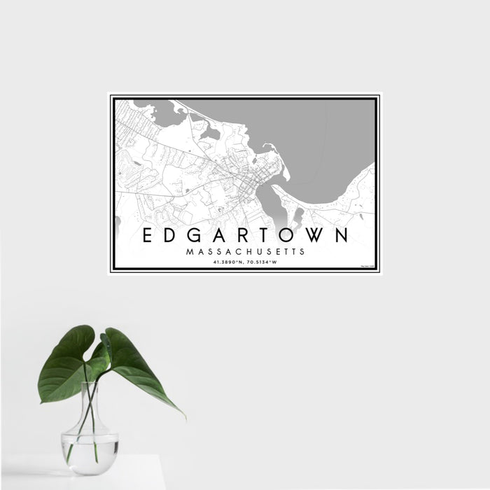 16x24 Edgartown Massachusetts Map Print Landscape Orientation in Classic Style With Tropical Plant Leaves in Water