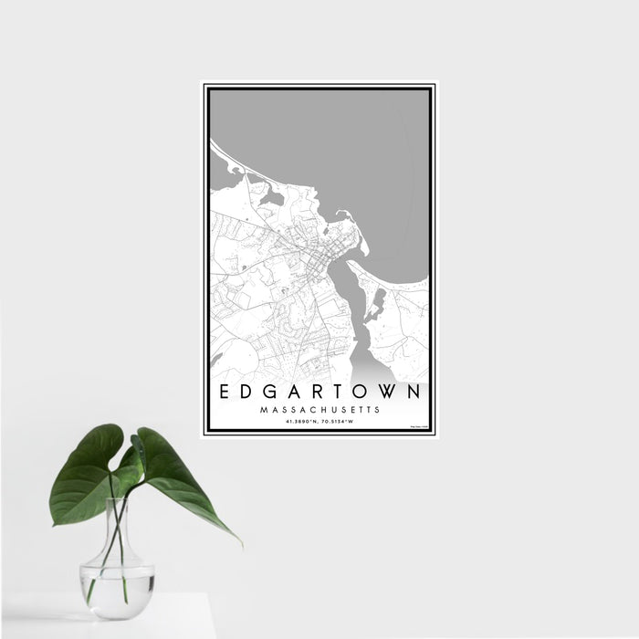 16x24 Edgartown Massachusetts Map Print Portrait Orientation in Classic Style With Tropical Plant Leaves in Water