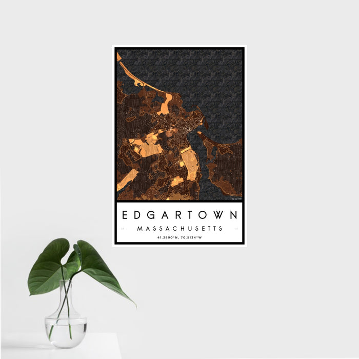 16x24 Edgartown Massachusetts Map Print Portrait Orientation in Ember Style With Tropical Plant Leaves in Water