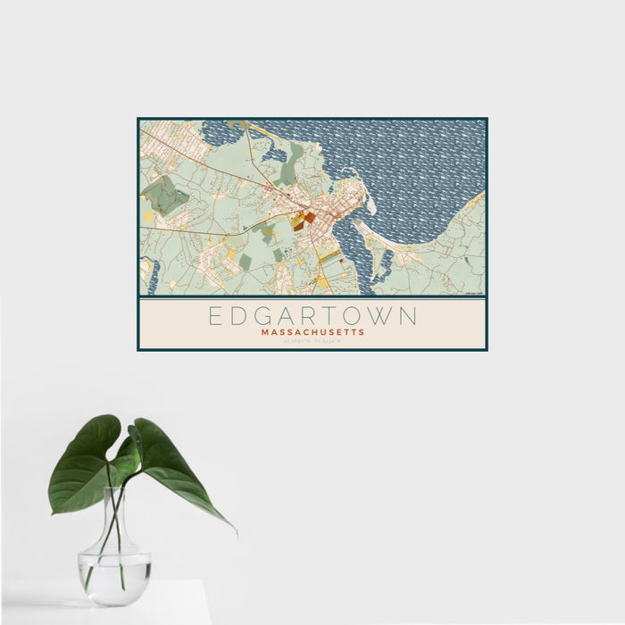 16x24 Edgartown Massachusetts Map Print Landscape Orientation in Woodblock Style With Tropical Plant Leaves in Water