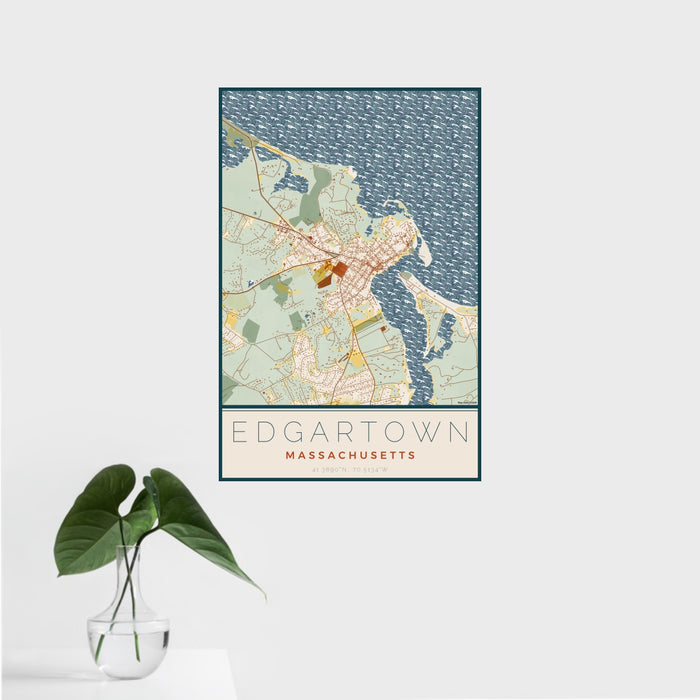 16x24 Edgartown Massachusetts Map Print Portrait Orientation in Woodblock Style With Tropical Plant Leaves in Water