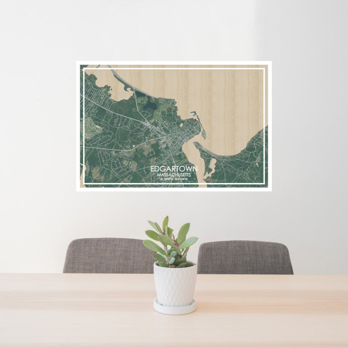 24x36 Edgartown Massachusetts Map Print Lanscape Orientation in Afternoon Style Behind 2 Chairs Table and Potted Plant