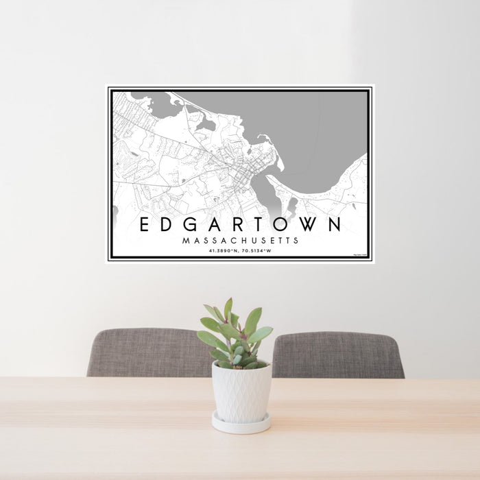 24x36 Edgartown Massachusetts Map Print Lanscape Orientation in Classic Style Behind 2 Chairs Table and Potted Plant