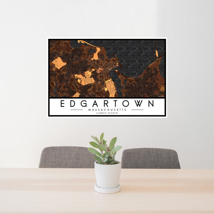 24x36 Edgartown Massachusetts Map Print Lanscape Orientation in Ember Style Behind 2 Chairs Table and Potted Plant