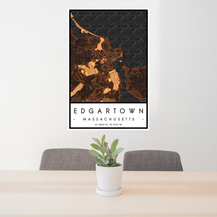 24x36 Edgartown Massachusetts Map Print Portrait Orientation in Ember Style Behind 2 Chairs Table and Potted Plant
