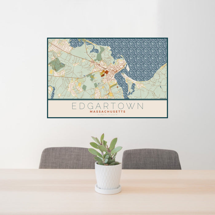 24x36 Edgartown Massachusetts Map Print Lanscape Orientation in Woodblock Style Behind 2 Chairs Table and Potted Plant