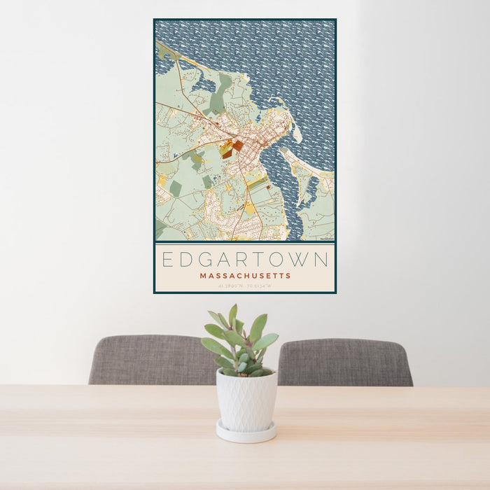 24x36 Edgartown Massachusetts Map Print Portrait Orientation in Woodblock Style Behind 2 Chairs Table and Potted Plant