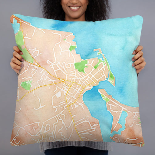 Person holding 22x22 Custom Edgartown Massachusetts Map Throw Pillow in Watercolor