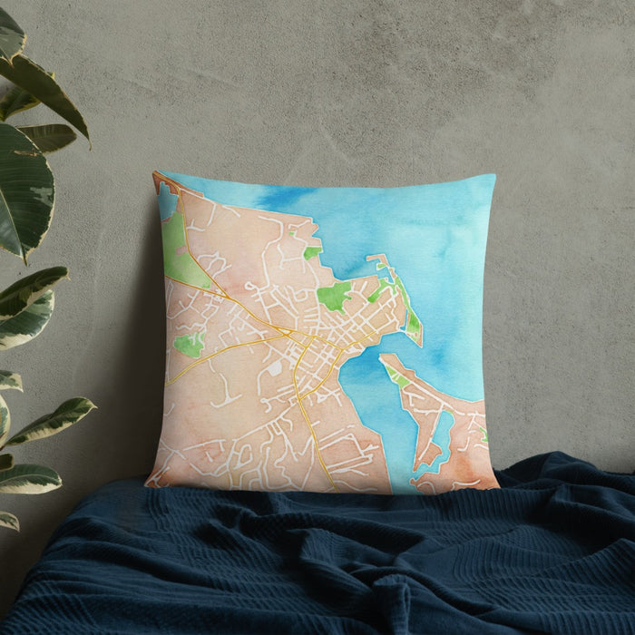 Custom Edgartown Massachusetts Map Throw Pillow in Watercolor on Bedding Against Wall