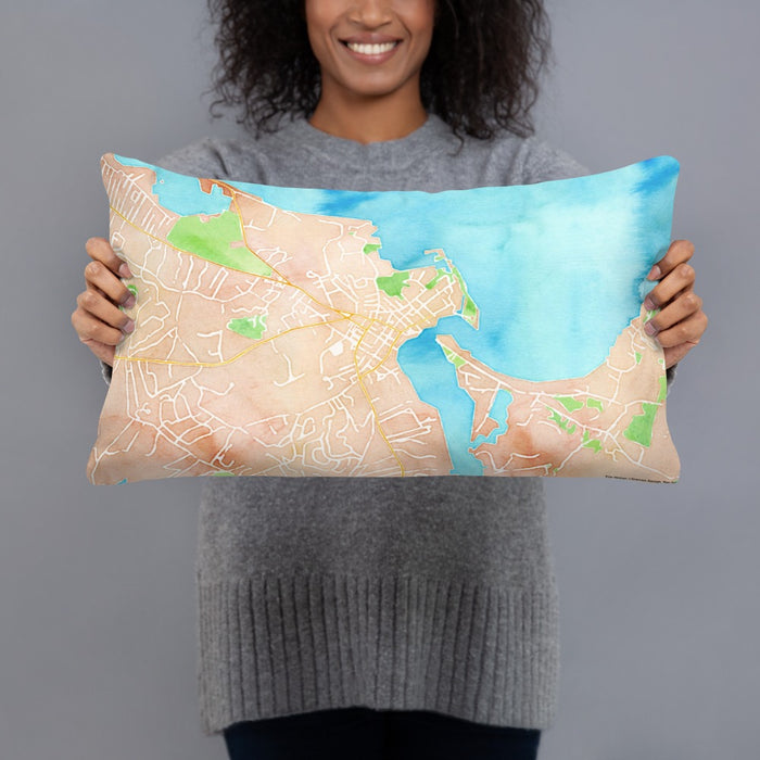 Person holding 20x12 Custom Edgartown Massachusetts Map Throw Pillow in Watercolor
