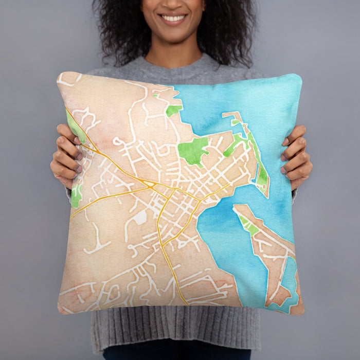 Person holding 18x18 Custom Edgartown Massachusetts Map Throw Pillow in Watercolor