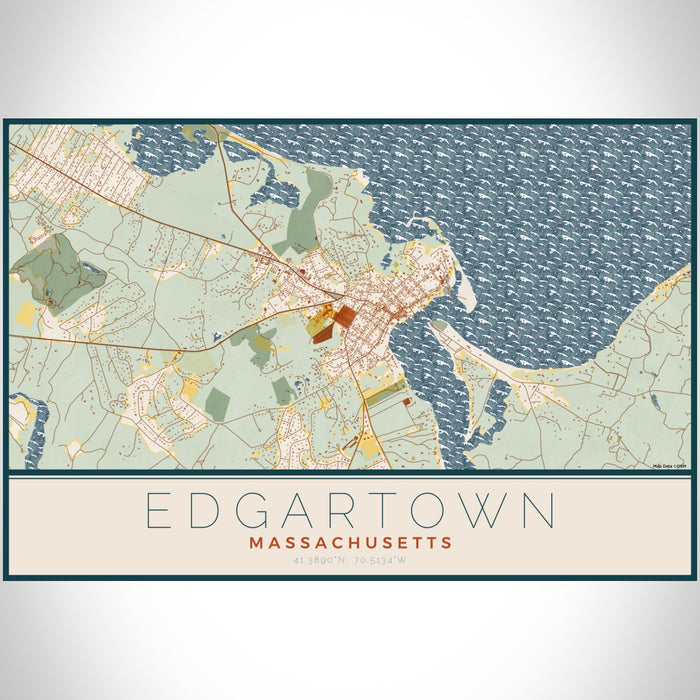 Edgartown Massachusetts Map Print Landscape Orientation in Woodblock Style With Shaded Background