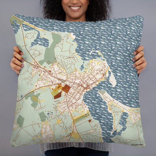 Person holding 22x22 Custom Edgartown Massachusetts Map Throw Pillow in Woodblock