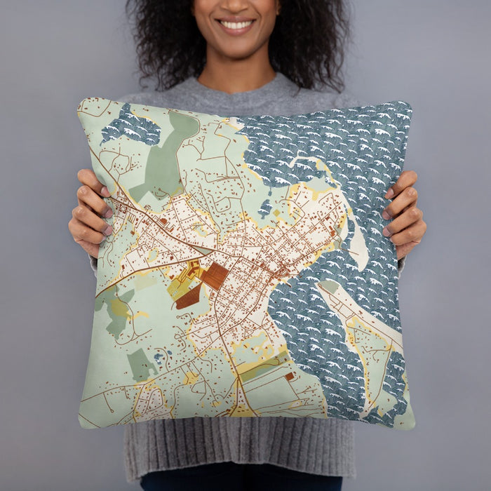 Person holding 18x18 Custom Edgartown Massachusetts Map Throw Pillow in Woodblock
