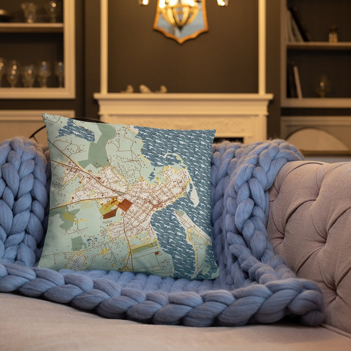 Custom Edgartown Massachusetts Map Throw Pillow in Woodblock on Cream Colored Couch