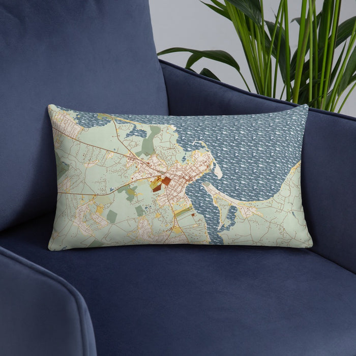 Custom Edgartown Massachusetts Map Throw Pillow in Woodblock on Blue Colored Chair