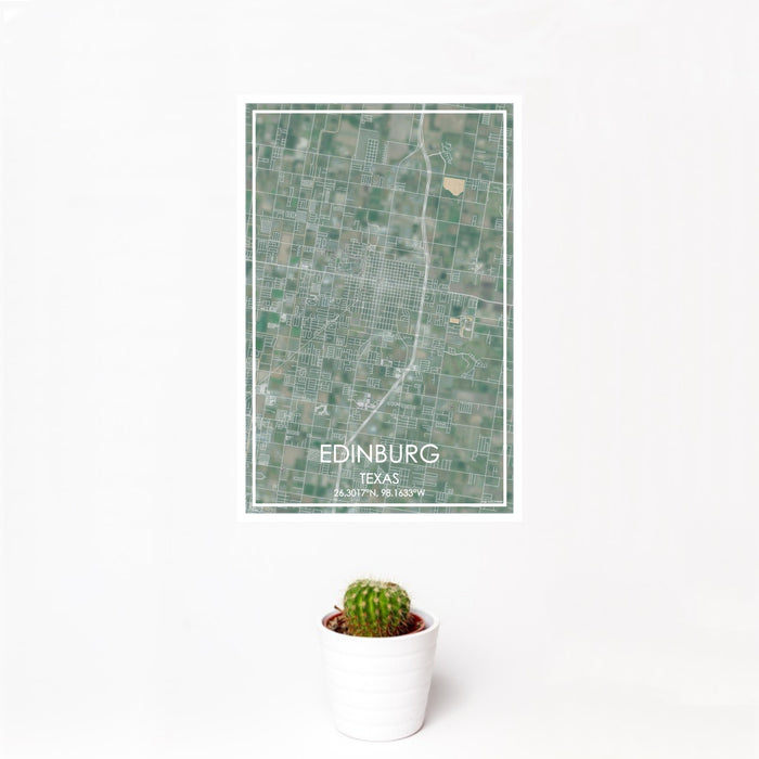 12x18 Edinburg Texas Map Print Portrait Orientation in Afternoon Style With Small Cactus Plant in White Planter