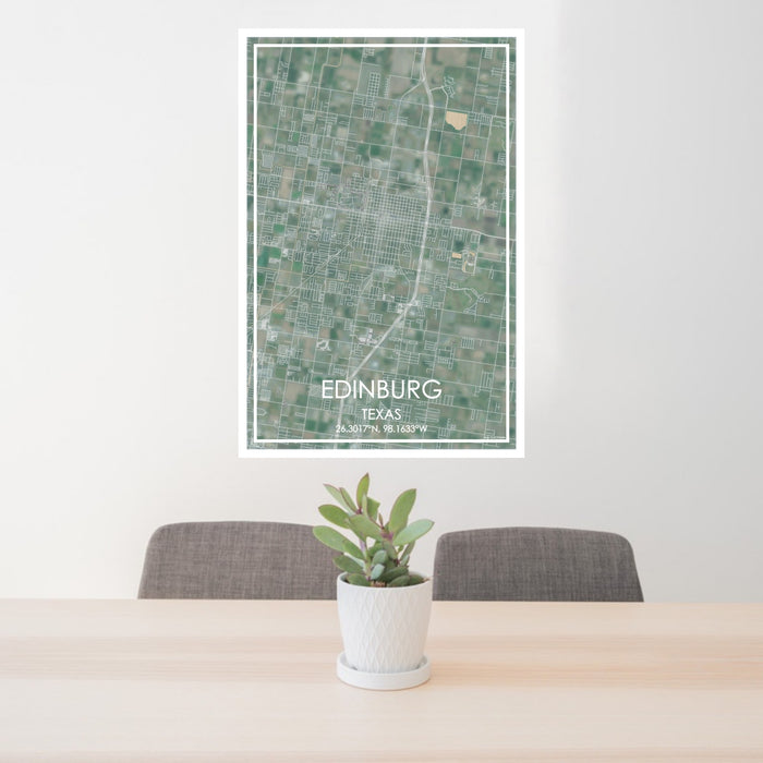 24x36 Edinburg Texas Map Print Portrait Orientation in Afternoon Style Behind 2 Chairs Table and Potted Plant