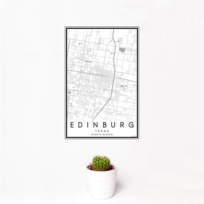12x18 Edinburg Texas Map Print Portrait Orientation in Classic Style With Small Cactus Plant in White Planter
