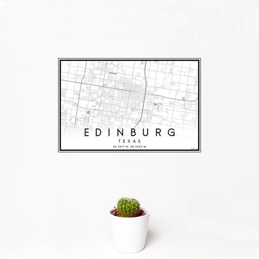 12x18 Edinburg Texas Map Print Landscape Orientation in Classic Style With Small Cactus Plant in White Planter