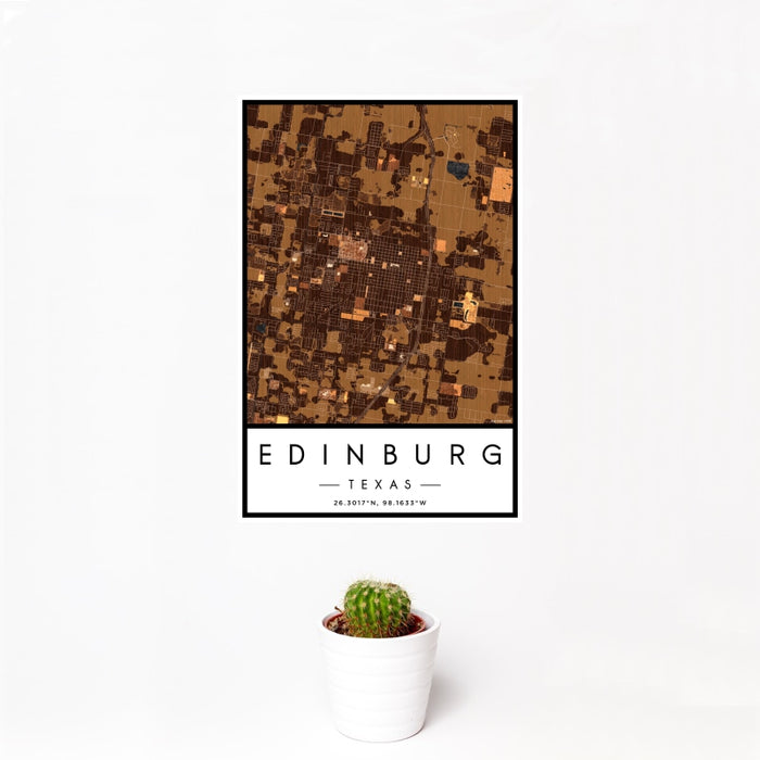 12x18 Edinburg Texas Map Print Portrait Orientation in Ember Style With Small Cactus Plant in White Planter