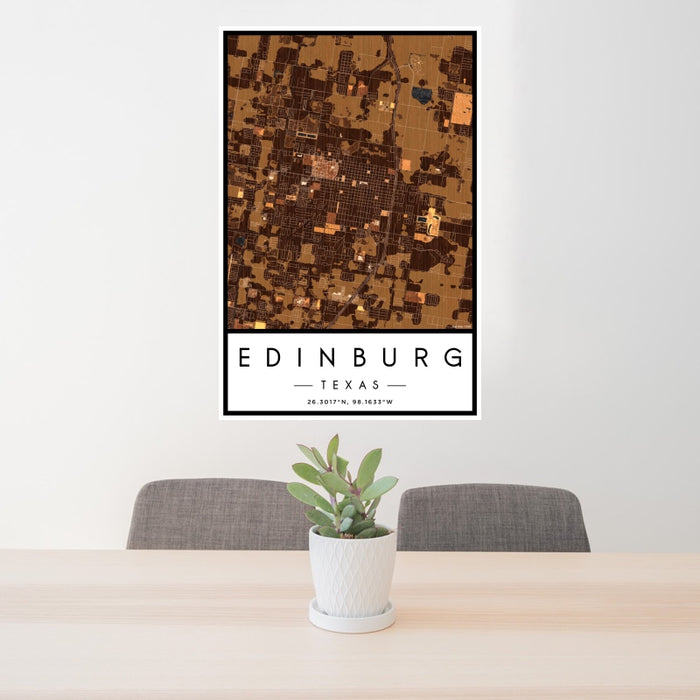 24x36 Edinburg Texas Map Print Portrait Orientation in Ember Style Behind 2 Chairs Table and Potted Plant