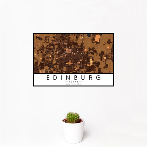 12x18 Edinburg Texas Map Print Landscape Orientation in Ember Style With Small Cactus Plant in White Planter