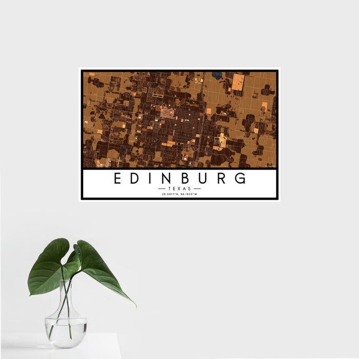 16x24 Edinburg Texas Map Print Landscape Orientation in Ember Style With Tropical Plant Leaves in Water