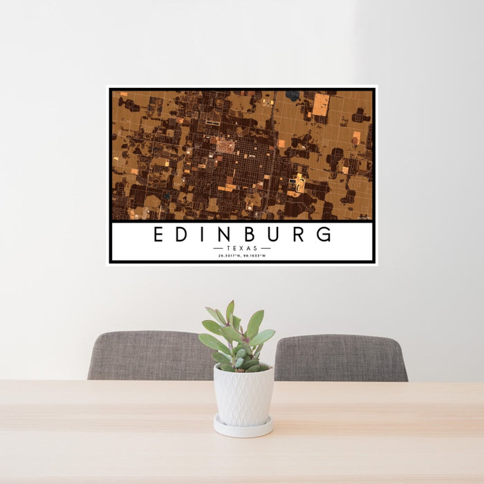 24x36 Edinburg Texas Map Print Landscape Orientation in Ember Style Behind 2 Chairs Table and Potted Plant