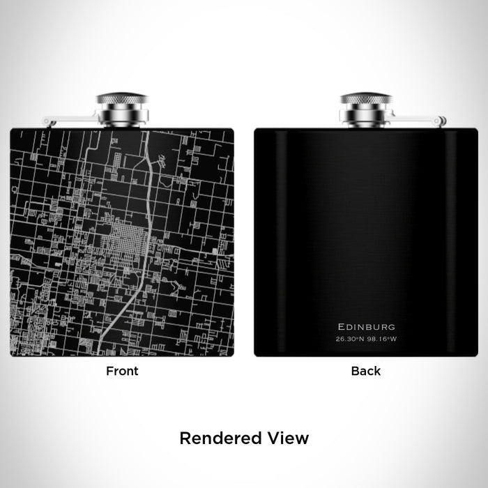 Rendered View of Edinburg Texas Map Engraving on 6oz Stainless Steel Flask in Black