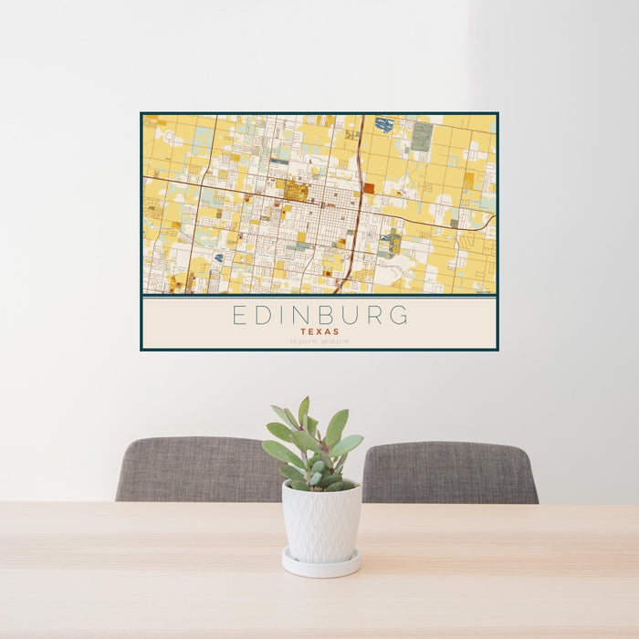 24x36 Edinburg Texas Map Print Landscape Orientation in Woodblock Style Behind 2 Chairs Table and Potted Plant