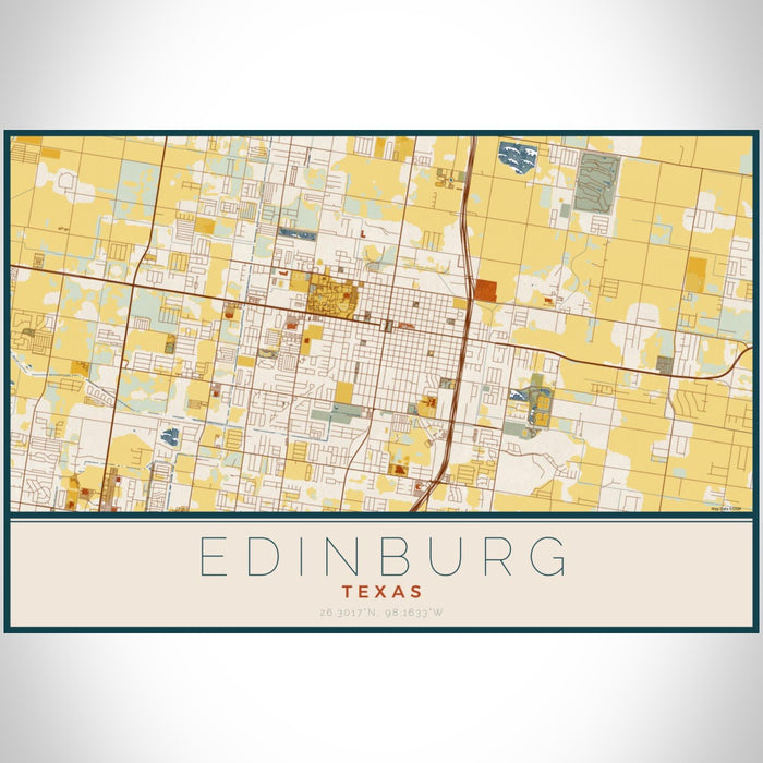 Edinburg Texas Map Print Landscape Orientation in Woodblock Style With Shaded Background