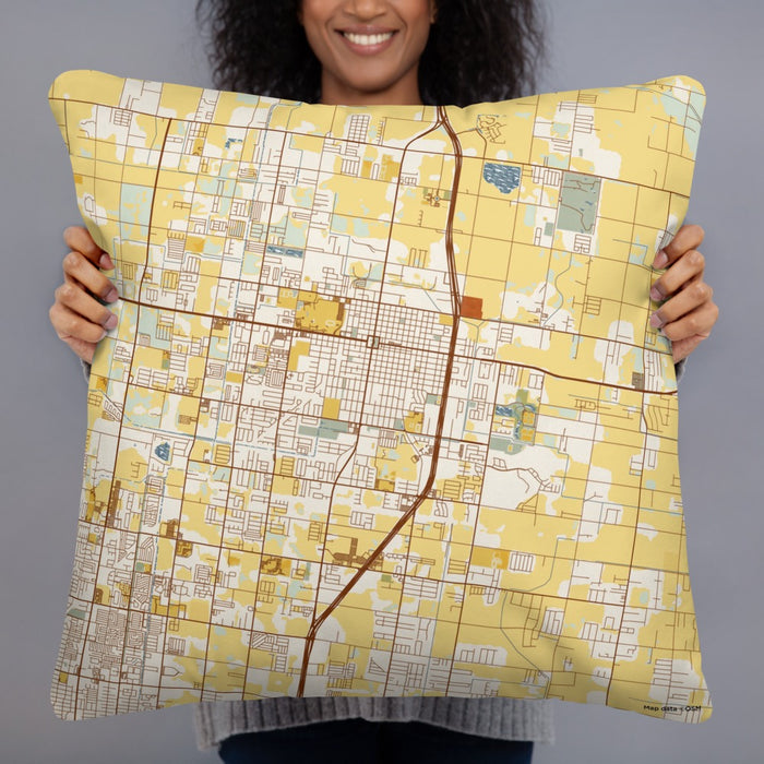 Person holding 22x22 Custom Edinburg Texas Map Throw Pillow in Woodblock