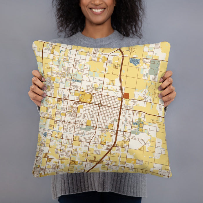 Person holding 18x18 Custom Edinburg Texas Map Throw Pillow in Woodblock