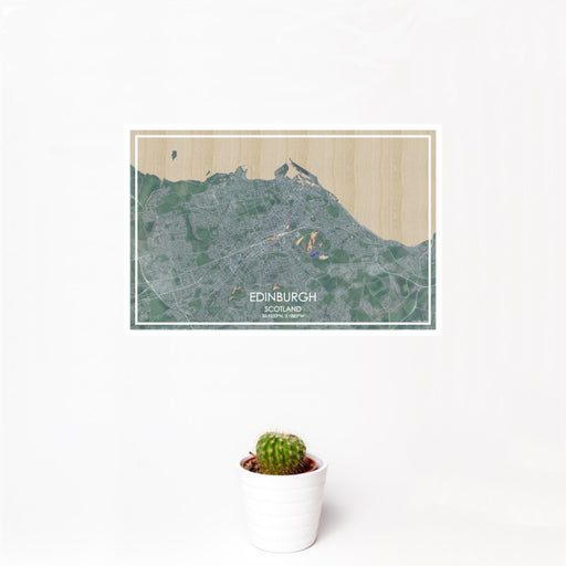 12x18 Edinburgh Scotland Map Print Landscape Orientation in Afternoon Style With Small Cactus Plant in White Planter