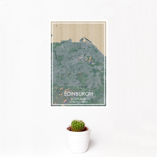 12x18 Edinburgh Scotland Map Print Portrait Orientation in Afternoon Style With Small Cactus Plant in White Planter