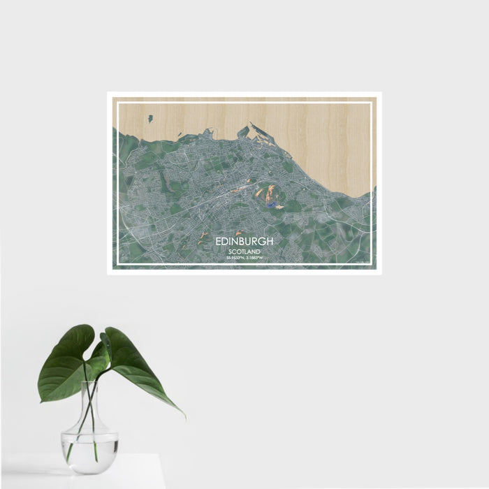 16x24 Edinburgh Scotland Map Print Landscape Orientation in Afternoon Style With Tropical Plant Leaves in Water