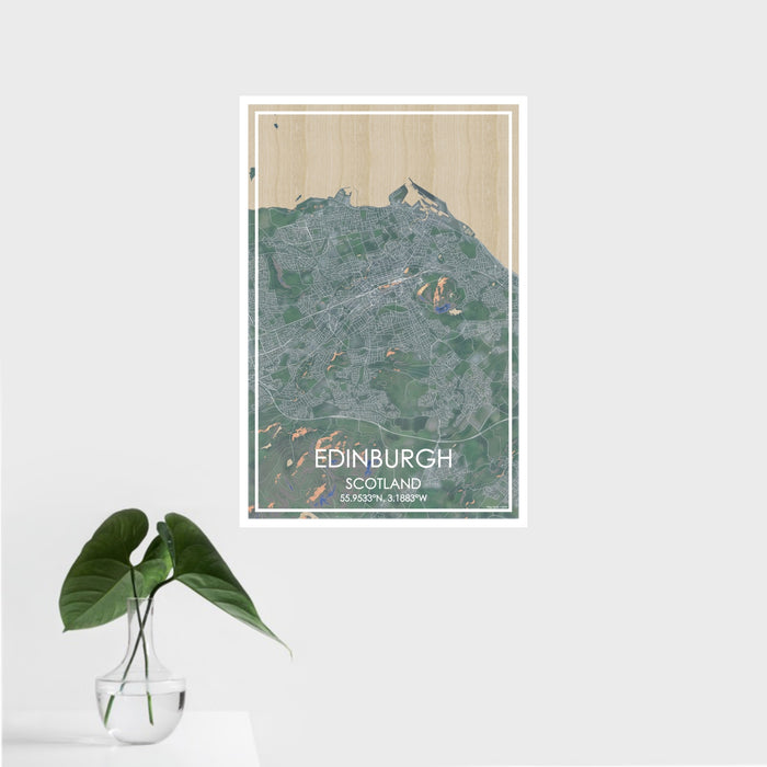 16x24 Edinburgh Scotland Map Print Portrait Orientation in Afternoon Style With Tropical Plant Leaves in Water