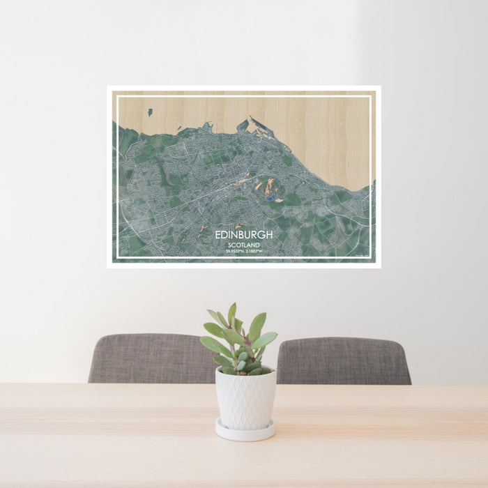 24x36 Edinburgh Scotland Map Print Lanscape Orientation in Afternoon Style Behind 2 Chairs Table and Potted Plant
