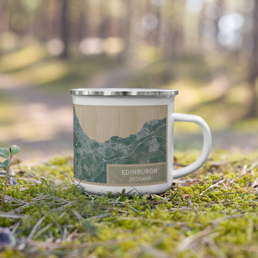 Right View Custom Edinburgh Scotland Map Enamel Mug in Afternoon on Grass With Trees in Background