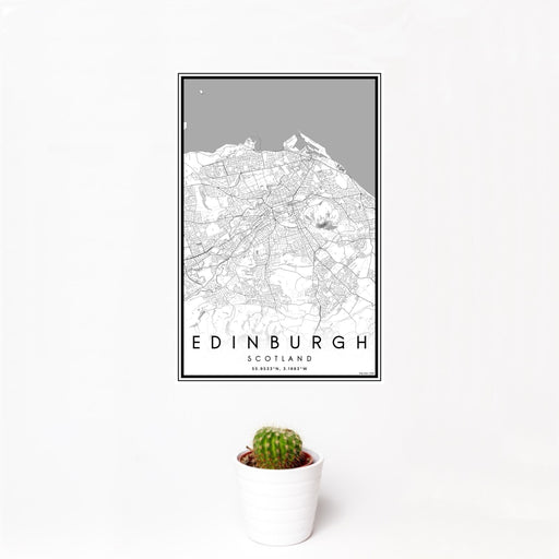 12x18 Edinburgh Scotland Map Print Portrait Orientation in Classic Style With Small Cactus Plant in White Planter