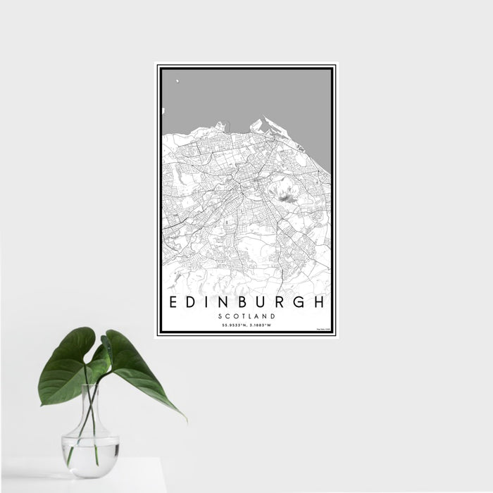 16x24 Edinburgh Scotland Map Print Portrait Orientation in Classic Style With Tropical Plant Leaves in Water