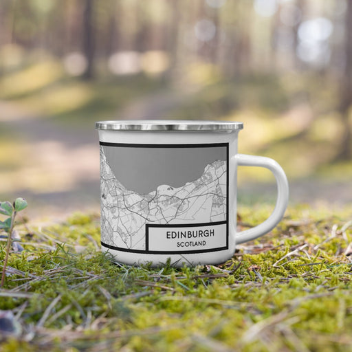 Right View Custom Edinburgh Scotland Map Enamel Mug in Classic on Grass With Trees in Background