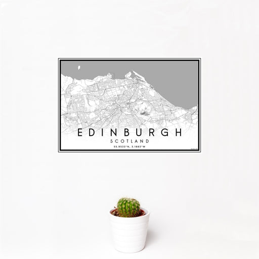 12x18 Edinburgh Scotland Map Print Landscape Orientation in Classic Style With Small Cactus Plant in White Planter