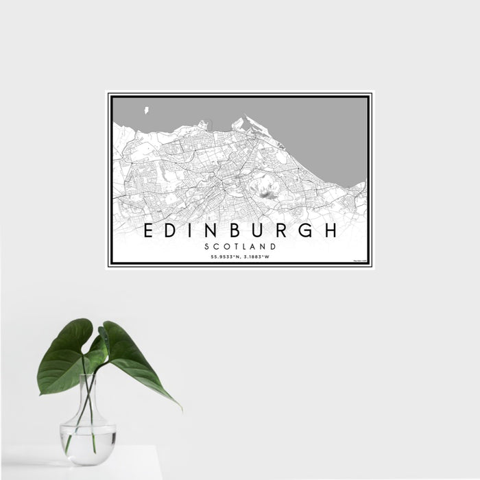 16x24 Edinburgh Scotland Map Print Landscape Orientation in Classic Style With Tropical Plant Leaves in Water