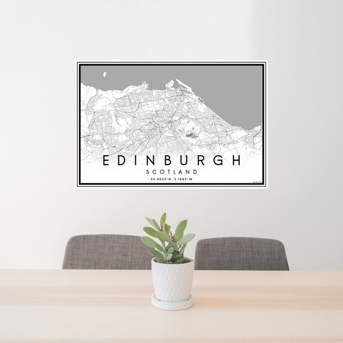 24x36 Edinburgh Scotland Map Print Landscape Orientation in Classic Style Behind 2 Chairs Table and Potted Plant