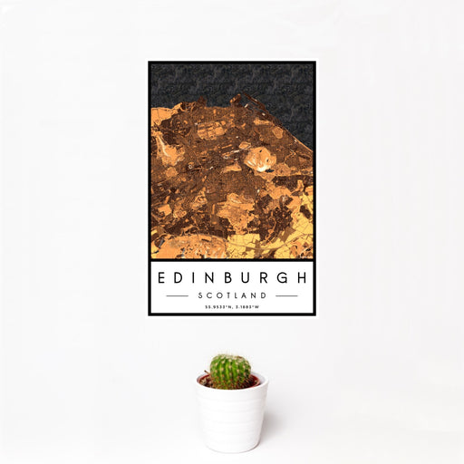 12x18 Edinburgh Scotland Map Print Portrait Orientation in Ember Style With Small Cactus Plant in White Planter