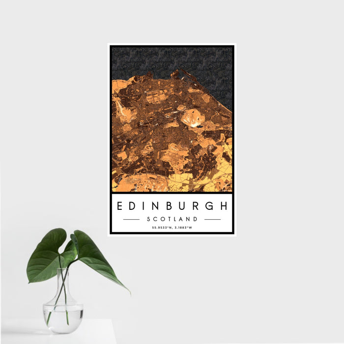 16x24 Edinburgh Scotland Map Print Portrait Orientation in Ember Style With Tropical Plant Leaves in Water